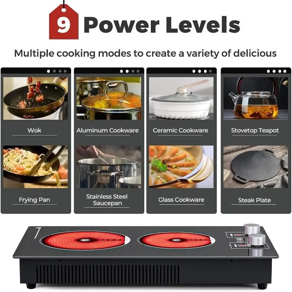 2-Burner Electric Cooktop 110V 1800W Knob Control 12